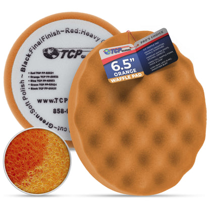 6.5" Orange Waffle Foam Buffing Pad Hook and Loop Backing - Medium Cut Pad for Polishing, Automotive, Marine, Truck, RV & Compound Cutting, Car