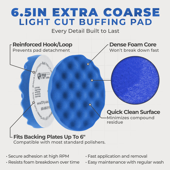 6.5" Blue Waffle Foam Buffing Pad Hook and Loop Backing - Light Cut Pad for Polishing, Automotive, Marine, Truck, RV & Compound Cutting, Car Polishing Pads