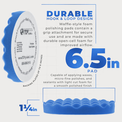 6.5" Blue Waffle Foam Buffing Pad Hook and Loop Backing - Light Cut Pad for Polishing, Automotive, Marine, Truck, RV & Compound Cutting, Car