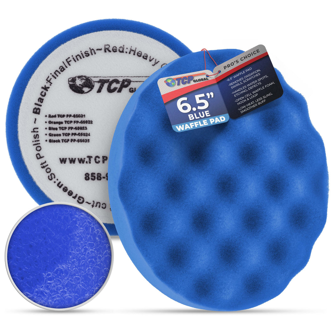 6.5" Blue Waffle Foam Buffing Pad Hook and Loop Backing - Light Cut Pad for Polishing, Automotive, Marine, Truck, RV & Compound Cutting, Car