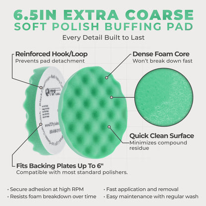 6.5" Green Waffle Foam Buffing Pad Hook and Loop Backing - Soft Pad for Polishing, Automotive, Marine, Truck, RV & Compound Cutting, Car Polishing
