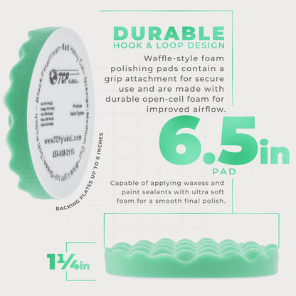 6.5" Green Waffle Foam Buffing Pad Hook and Loop Backing - Soft Pad for Polishing, Automotive, Marine, Truck, RV & Compound Cutting, Car Polishing