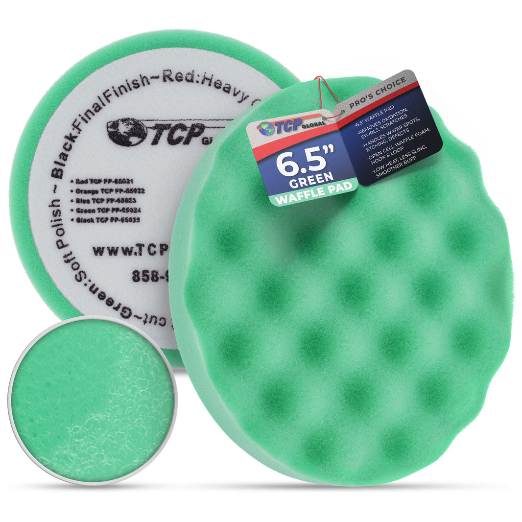 6.5" Green Waffle Foam Buffing Pad Hook and Loop Backing - Soft Pad for Polishing, Automotive, Marine, Truck, RV & Compound Cutting, Car Polishing