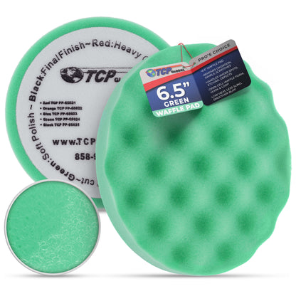 6.5" Green Waffle Foam Buffing Pad Hook and Loop Backing - Soft Pad for Polishing, Automotive, Marine, Truck, RV & Compound Cutting, Car Polishing