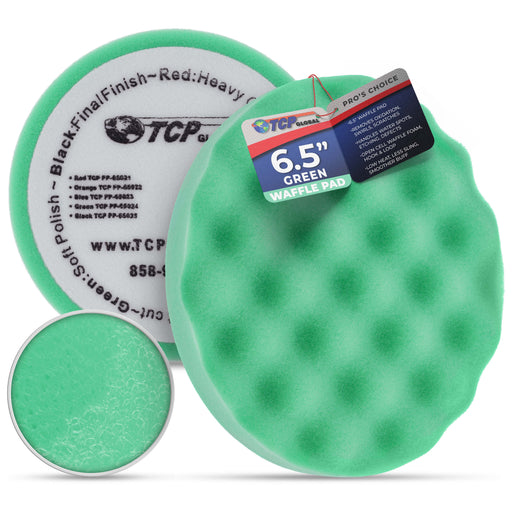 6.5" Green Waffle Foam Buffing Pad Hook and Loop Backing - Soft Pad for Polishing, Automotive, Marine, Truck, RV & Compound Cutting, Car Polishing Pads