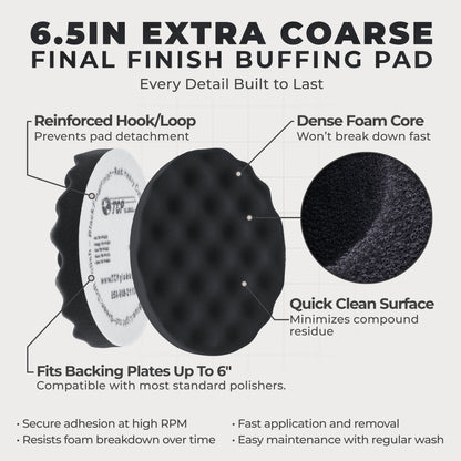 6.5" Black Waffle Foam Buffing Pad Hook and Loop Backing - Final Finishing Pad for Polishing, Automotive, Marine, Truck, RV & Compound Cutting, Car