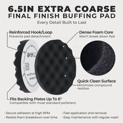 6.5" Black Waffle Foam Buffing Pad Hook and Loop Backing - Final Finishing Pad for Polishing, Automotive, Marine, Truck, RV & Compound Cutting, Car Polishing Pads