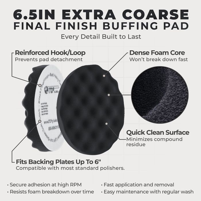 6.5" Black Waffle Foam Buffing Pad Hook and Loop Backing - Final Finishing Pad for Polishing, Automotive, Marine, Truck, RV & Compound Cutting, Car Polishing Pads