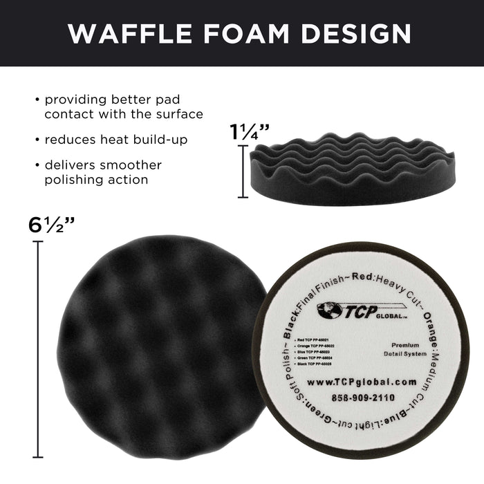 6.5" Black Waffle Final Finishing Grip Foam Polish Pad - DA Hook & Loop