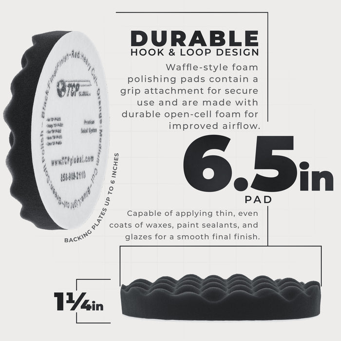 6.5" Black Waffle Foam Buffing Pad Hook and Loop Backing - Final Finishing Pad for Polishing, Automotive, Marine, Truck, RV & Compound Cutting, Car Polishing Pads