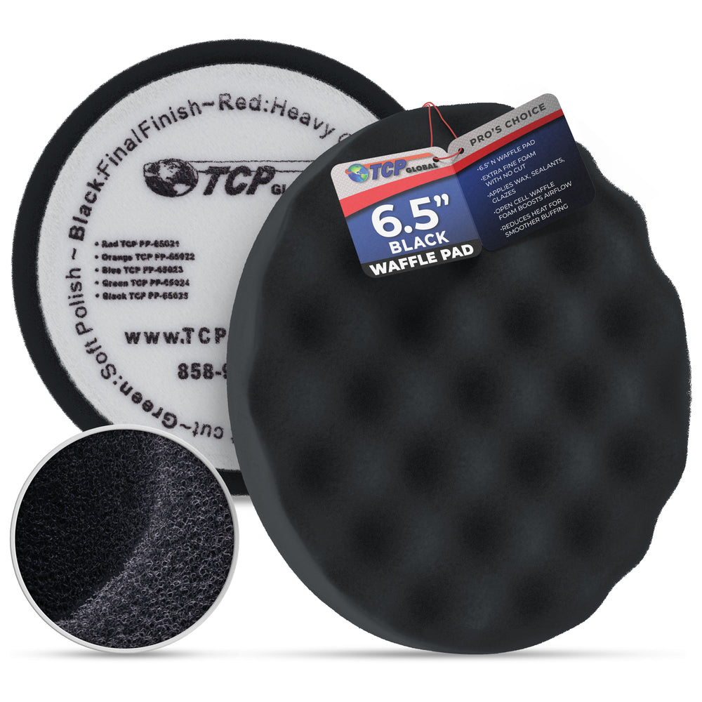 6.5" Black Waffle Foam Buffing Pad Hook and Loop Backing - Final Finishing Pad for Polishing, Automotive, Marine, Truck, RV & Compound Cutting, Car Polishing Pads