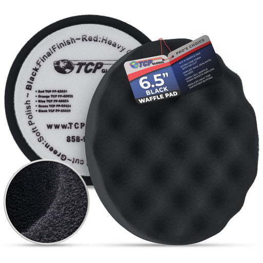 6.5" Black Waffle Foam Buffing Pad Hook and Loop Backing - Final Finishing Pad for Polishing, Automotive, Marine, Truck, RV & Compound Cutting, Car Polishing Pads