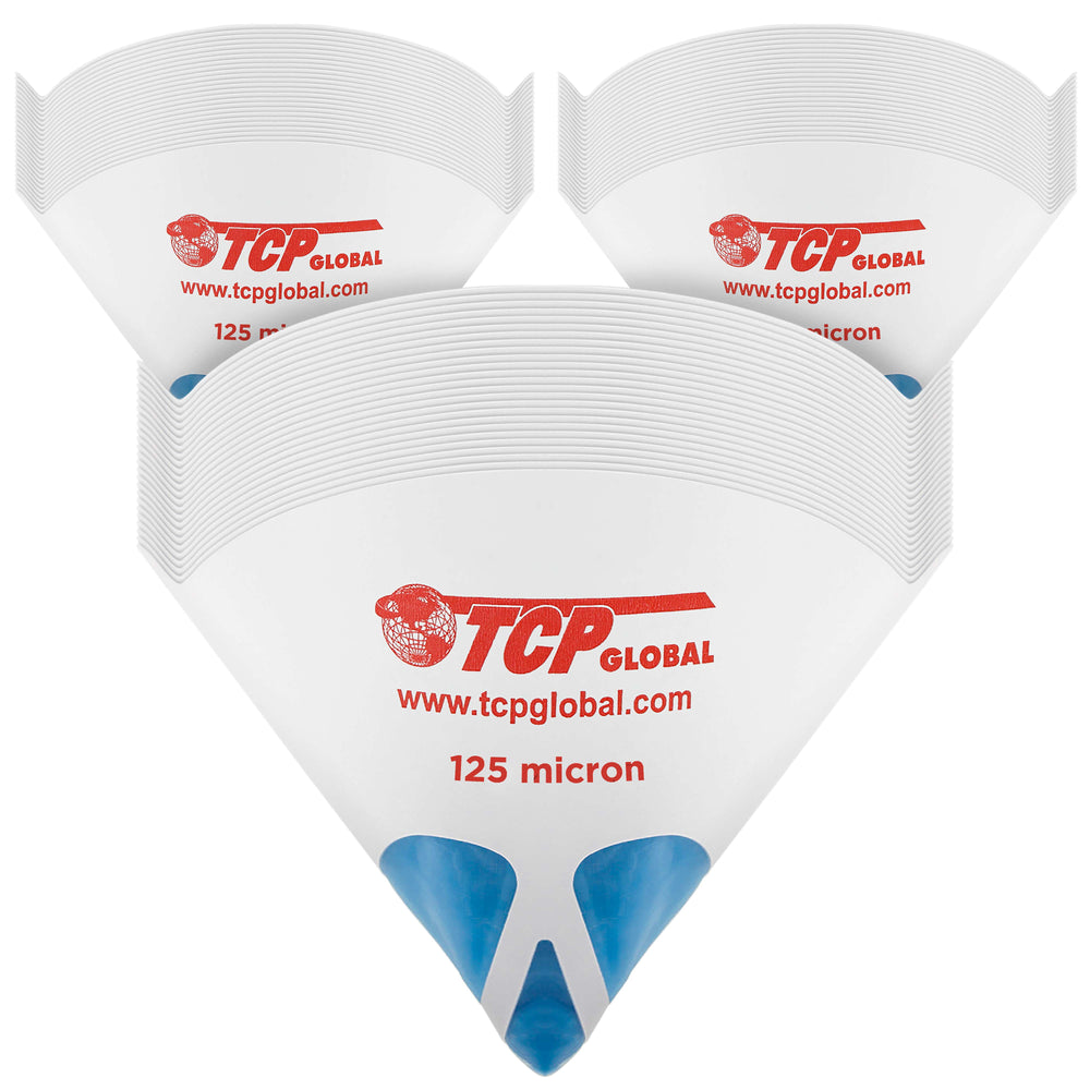 TCP Global 250 Pack of Paint Strainers with Ultra-Fine 125 Micron Cone Filter Tips - Pure Blue Ultra-Flow Blue Nylon Mesh - Strain Auto, House Paint