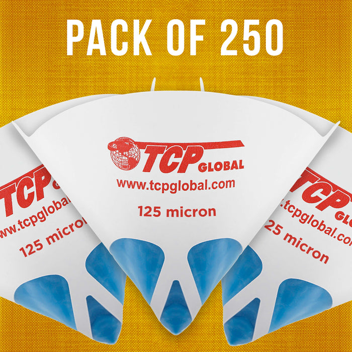 TCP Global 250 Pack of Paint Strainers with Ultra-Fine 125 Micron Cone Filter Tips - Pure Blue Ultra-Flow Blue Nylon Mesh - Strain Auto, House Paint