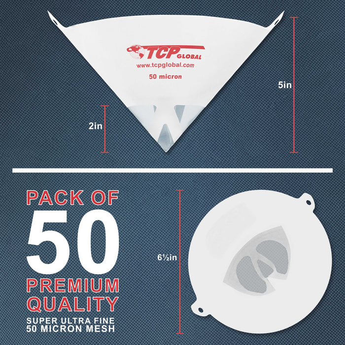 Automotive Cone Paint Strainer with 50 Micron Micro-Fine Filter Mesh Tip (50 Pack) - Ideal for Clearcoats, Disposable Paper Funnel for Microscopic Particle Filtration - Auto Finish Coatings