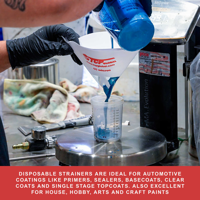 Automotive Cone Paint Strainer with 50 Micron Micro-Fine Filter Mesh Tip (50 Pack) - Ideal for Clearcoats, Disposable Paper Funnel for Microscopic Particle Filtration - Auto Finish Coatings