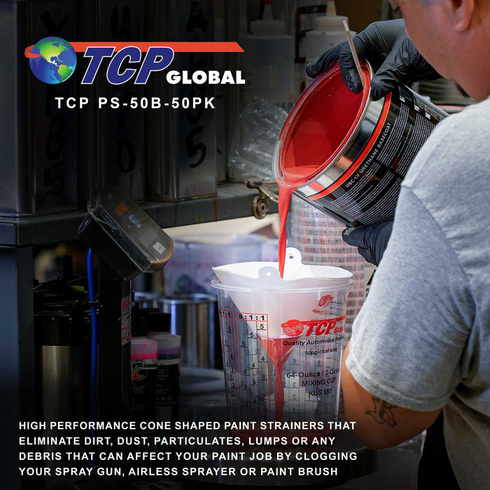 Automotive Cone Paint Strainer with 50 Micron Micro-Fine Filter Mesh Tip (50 Pack) - Ideal for Clearcoats, Disposable Paper Funnel for Microscopic Particle Filtration - Auto Finish Coatings