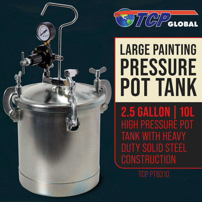 2.5 Gallon (10 Liter) Heavy Duty Steel Pressure Pot Paint Tank with Clamp on Lid, Regulator & Pressure Gauge for Casting, Painting & Autobody Work