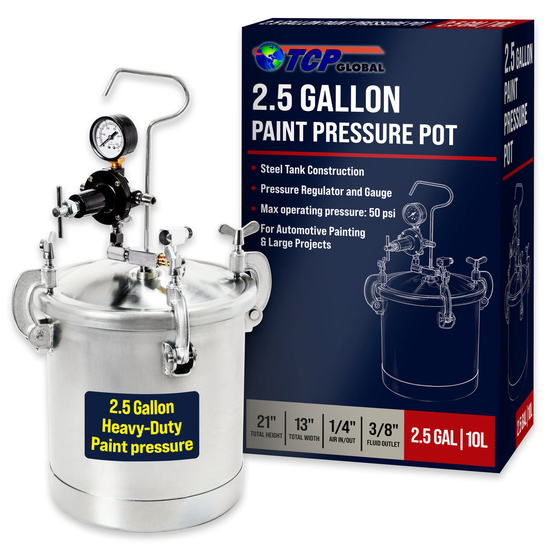 2.5 Gallon (10 Liter) Heavy Duty Steel Pressure Pot Paint Tank with Clamp on Lid, Regulator & Pressure Gauge for Casting, Painting & Autobody Work