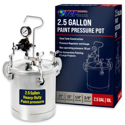 2.5 Gallon (10 Liter) Heavy Duty Steel Pressure Pot Paint Tank with Clamp on Lid, Regulator & Pressure Gauge for Casting, Painting & Autobody Work
