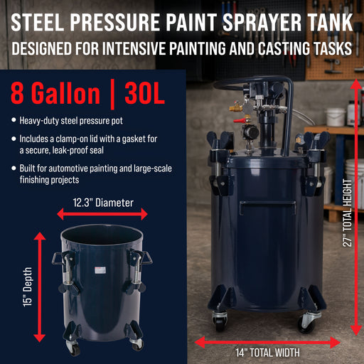 8 Gallon (30 Liter) Heavy Duty Steel Pressure Pot Paint Tank with Air Powered Mixing Agitator, Clamp on Lid, Regulator & Pressure Gauge for Painting