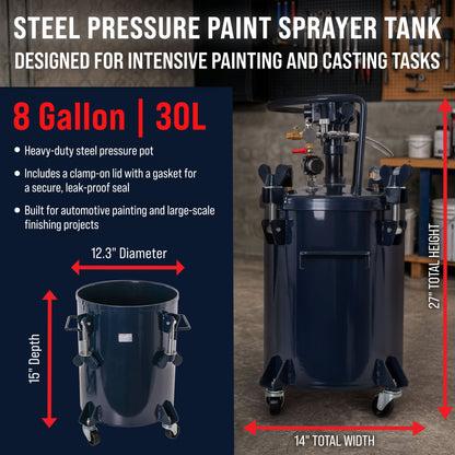 8 Gallon (30 Liter) Heavy Duty Steel Pressure Pot Paint Tank with Air Powered Mixing Agitator, Clamp on Lid, Regulator & Pressure Gauge for Painting
