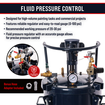8 Gallon (30 Liter) Heavy Duty Steel Pressure Pot Paint Tank with Air Powered Mixing Agitator, Clamp on Lid, Regulator & Pressure Gauge for Painting