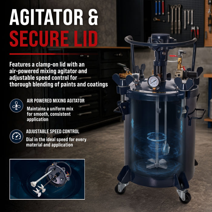 8 Gallon (30 Liter) Heavy Duty Steel Pressure Pot Paint Tank with Air Powered Mixing Agitator, Clamp on Lid, Regulator & Pressure Gauge for Painting