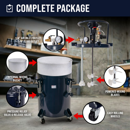 8 Gallon (30 Liter) Heavy Duty Steel Pressure Pot Paint Tank with Air Powered Mixing Agitator, Clamp on Lid, Regulator & Pressure Gauge for Painting
