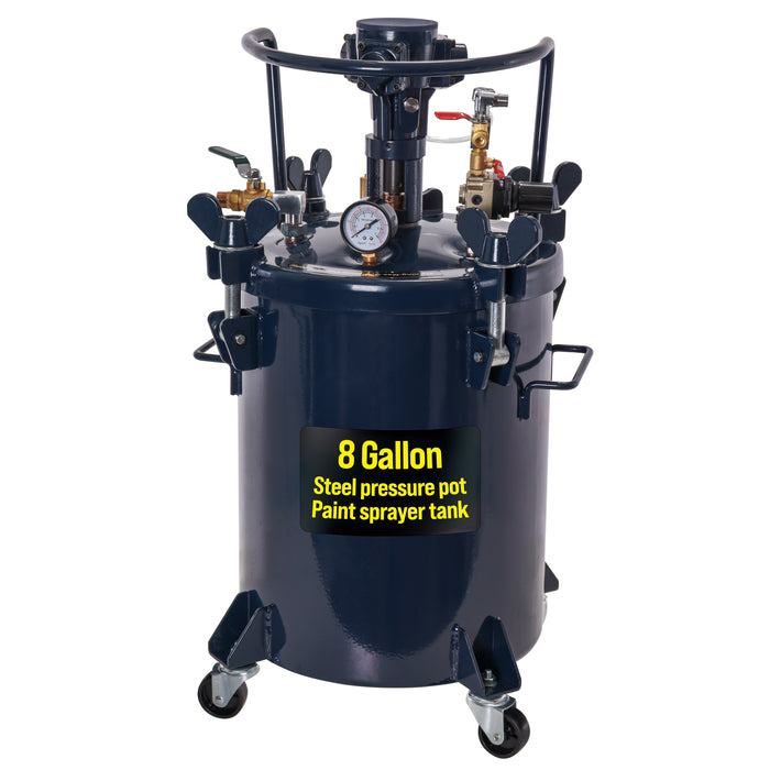 8 Gallon (30 Liter) Heavy Duty Steel Pressure Pot Paint Tank with Air Powered Mixing Agitator, Clamp on Lid, Regulator & Pressure Gauge for Painting