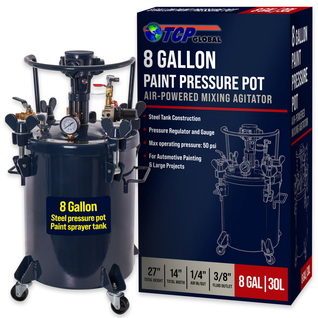 8 Gallon (30 Liter) Heavy Duty Steel Pressure Pot Paint Tank with Air Powered Mixing Agitator, Clamp on Lid, Regulator & Pressure Gauge for Painting