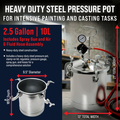 2.5 Gallon (10 Liter) Heavy Duty Steel Pressure Pot Paint Tank with Clamp on Lid, Regulator, Pressure Gauge, Spray Gun & Fluid Hose Assembly for