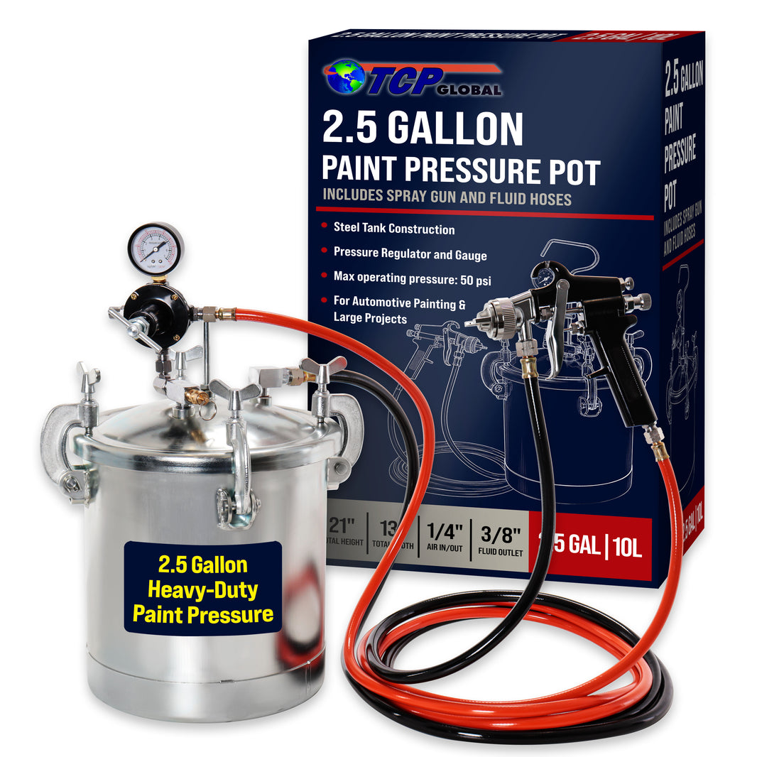 2.5 Gallon (10 Liter) Heavy Duty Steel Pressure Pot Paint Tank with Clamp on Lid, Regulator, Pressure Gauge, Spray Gun & Fluid Hose Assembly for