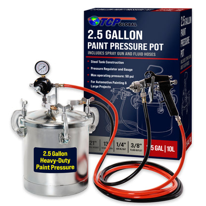 2.5 Gallon (10 Liter) Heavy Duty Steel Pressure Pot Paint Tank with Clamp on Lid, Regulator, Pressure Gauge, Spray Gun & Fluid Hose Assembly for