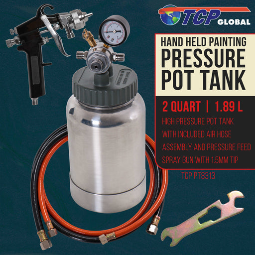 2 Quart Paint Pressure Pot with Spray Gun and 5' Air and Fluid Hose Assembly