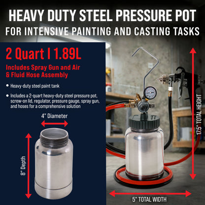2 Quart Heavy Duty Steel Pressure Pot Paint Tank with Screw on Lid, Regulator, Pressure Gauge, Spray Gun & Hoses for Casting, Painting & Autobody