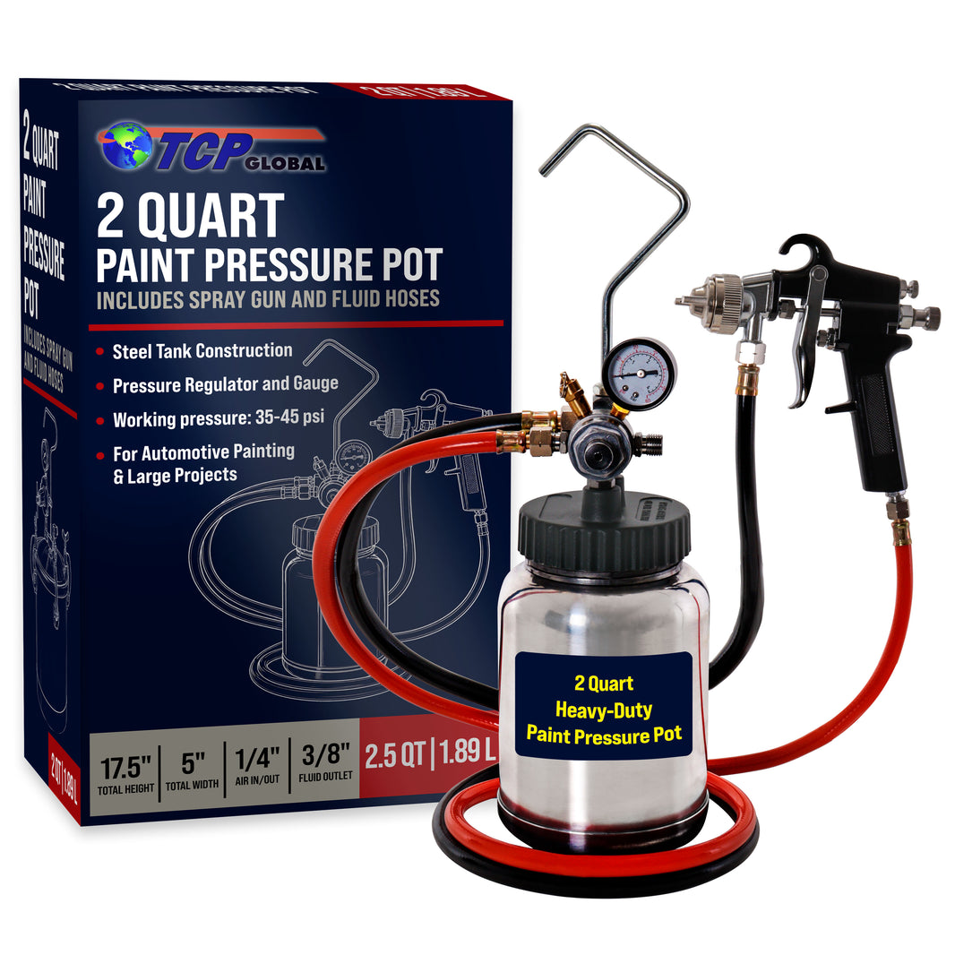 2 Quart Heavy Duty Steel Pressure Pot Paint Tank with Screw on Lid, Regulator, Pressure Gauge, Spray Gun & Hoses for Casting, Painting & Autobody