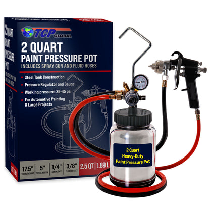 2 Quart Heavy Duty Steel Pressure Pot Paint Tank with Screw on Lid, Regulator, Pressure Gauge, Spray Gun & Hoses for Casting, Painting & Autobody