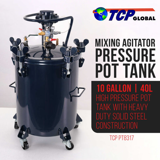 10 Gallon (40 Liter) Heavy Duty Steel Pressure Pot Paint Tank with Air-Powered Mixing Agitator, Clamp on Lid, Regulator & Pressure Gauge for Casting, Painting & Autobody Work Large Volume