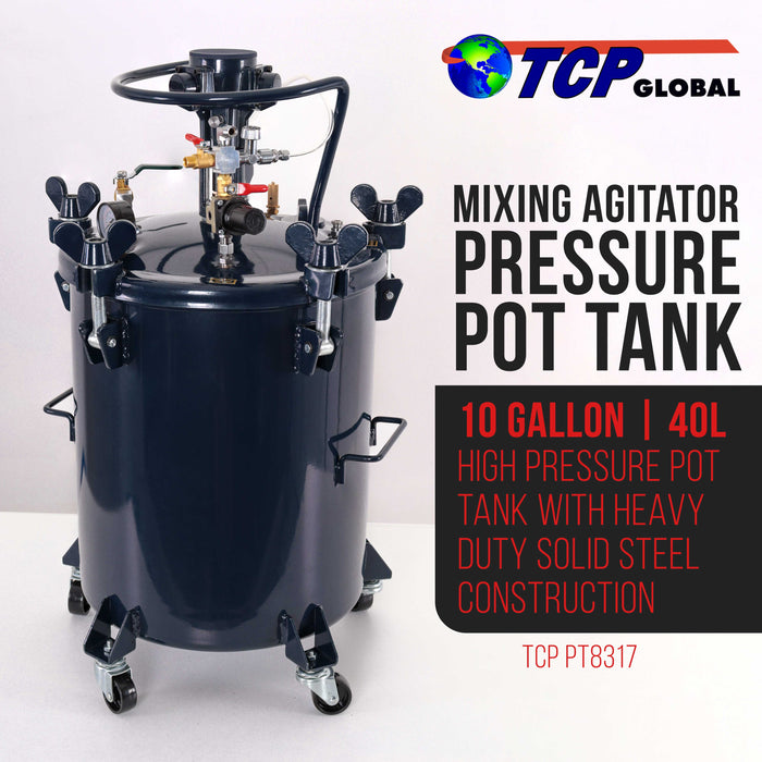10 Gallon (40 Liter) Heavy Duty Steel Pressure Pot Paint Tank with Air-Powered Mixing Agitator, Clamp on Lid, Regulator & Pressure Gauge for Casting, Painting & Autobody Work Large Volume