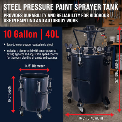 10 Gallon (40 Liter) Heavy Duty Steel Pressure Pot Paint Tank with Air-Powered Mixing Agitator, Clamp on Lid, Regulator & Pressure Gauge for Casting
