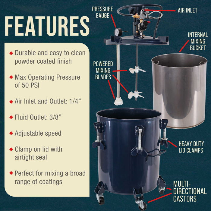 Commercial 10 Gallon (40 Liters) Spray Paint Pressure Pot Tank with Air Powered Mixing Agitator
