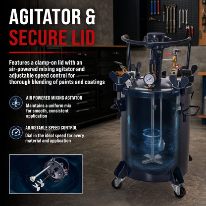 10 Gallon (40 Liter) Heavy Duty Steel Pressure Pot Paint Tank with Air-Powered Mixing Agitator, Clamp on Lid, Regulator & Pressure Gauge for Casting