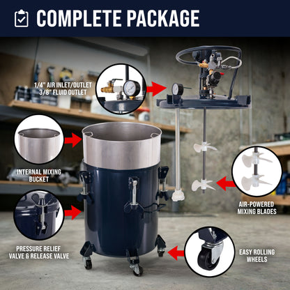10 Gallon (40 Liter) Heavy Duty Steel Pressure Pot Paint Tank with Air-Powered Mixing Agitator, Clamp on Lid, Regulator & Pressure Gauge for Casting