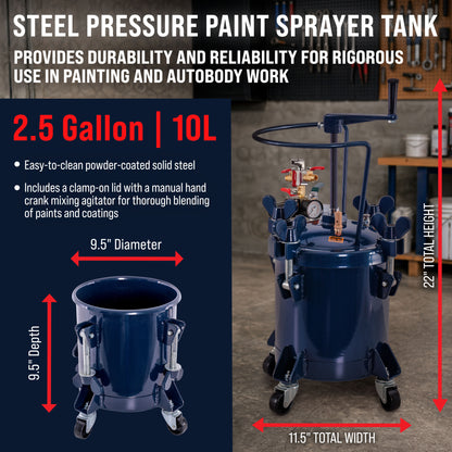 Commercial 2.5 Gallon (10 Liters) Spray Paint Pressure Pot Tank with Manual Mixing Agitator