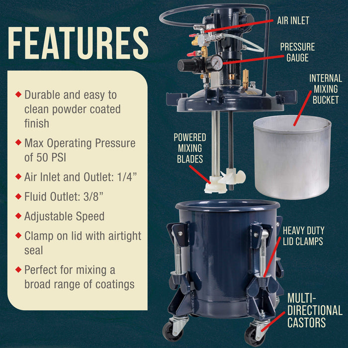 Commercial 2.5 Gallon (10 Liters) Spray Paint Pressure Pot Tank with Air Powered Mixing Agitator