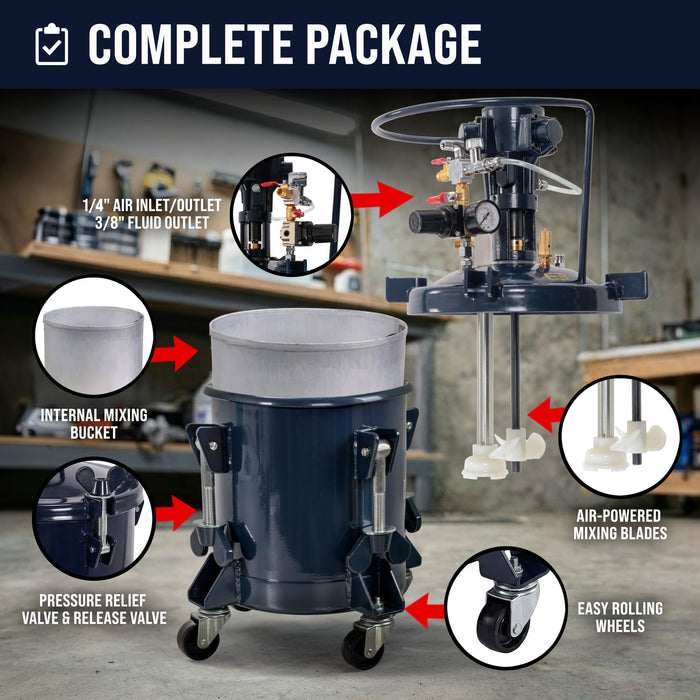 2.5 Gallon (10 Liter) Heavy Duty Steel Pressure Pot Paint Tank with Air Powered Mixing Agitator, Clamp on Lid, Regulator & Pressure Gauge for