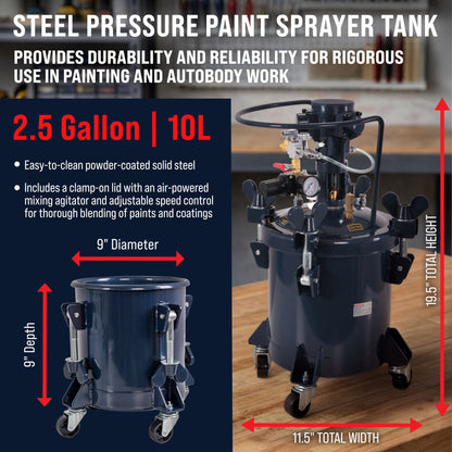 2.5 Gallon (10 Liter) Heavy Duty Steel Pressure Pot Paint Tank with Air Powered Mixing Agitator, Clamp on Lid, Regulator & Pressure Gauge for