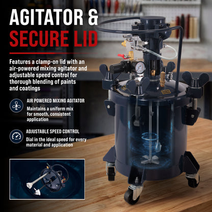 2.5 Gallon (10 Liter) Heavy Duty Steel Pressure Pot Paint Tank with Air Powered Mixing Agitator, Clamp on Lid, Regulator & Pressure Gauge for