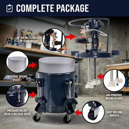 2.5 Gallon (10 Liter) Heavy Duty Steel Pressure Pot Paint Tank with Air Powered Mixing Agitator, Clamp on Lid, Regulator & Pressure Gauge for